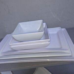 White Ceramic Square Serving Bowl and Plate Set - Home Dining